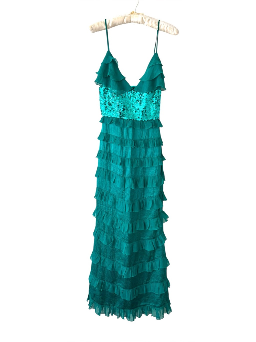 Vintage Y2K Bebe Emerald Teal Sequin Ruffle Silk Chiffon Maxi Dress